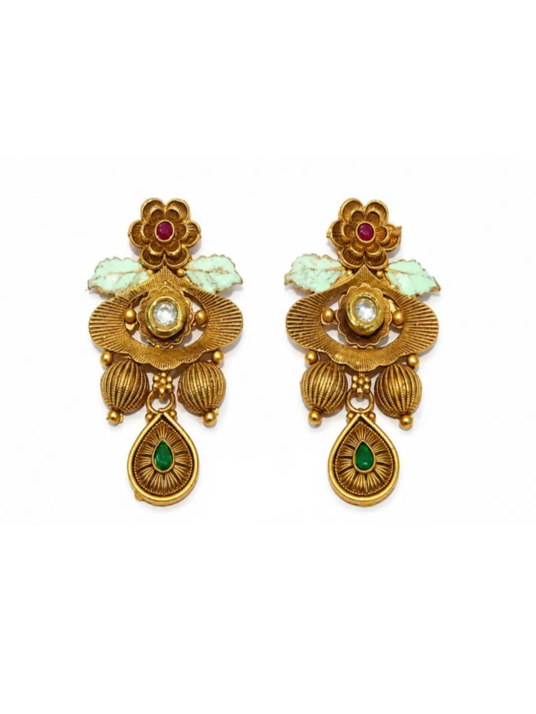 ANTIQUE GOLD TONE FLORAL KUNDAN DROP EARRING