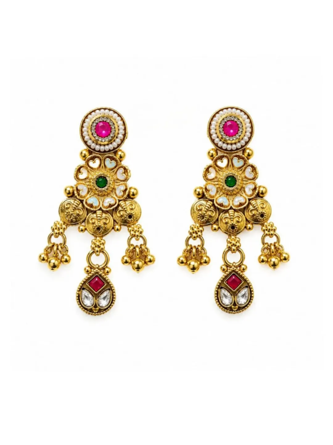 TRADITIONAL GOLD PLATED KUNDAN PEARL CHANDELIER EARRINGS WITH RED & GREEN STONES