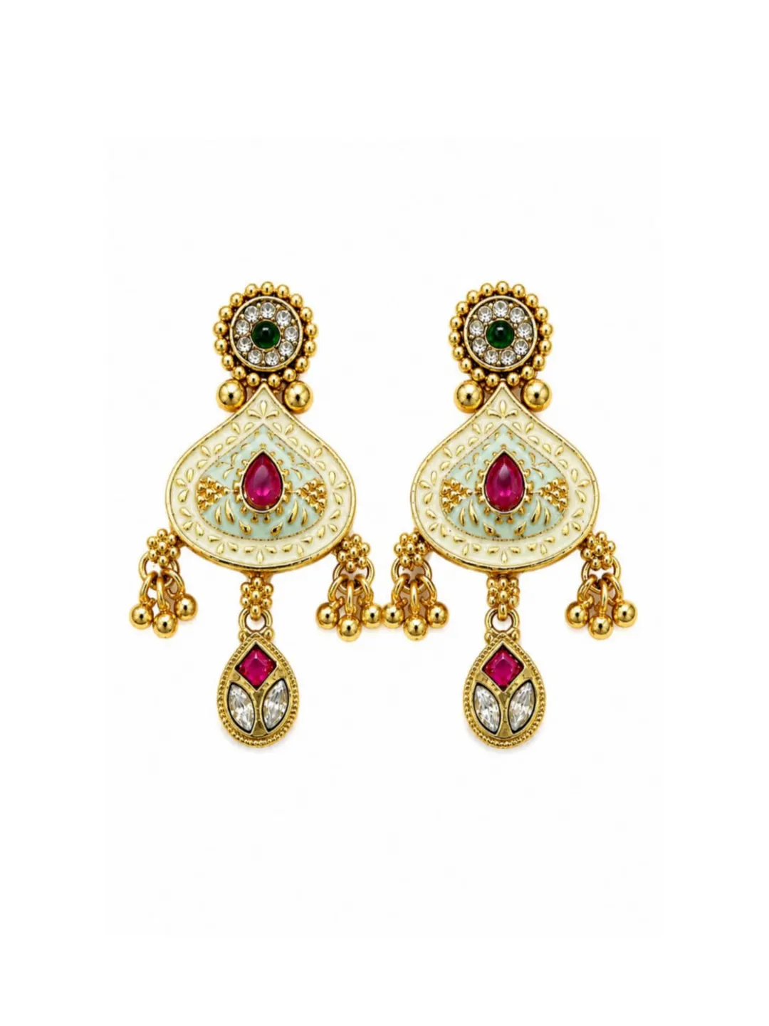 ANTIQUE GOLD RED STONE KUNDAN DROP EARRING.