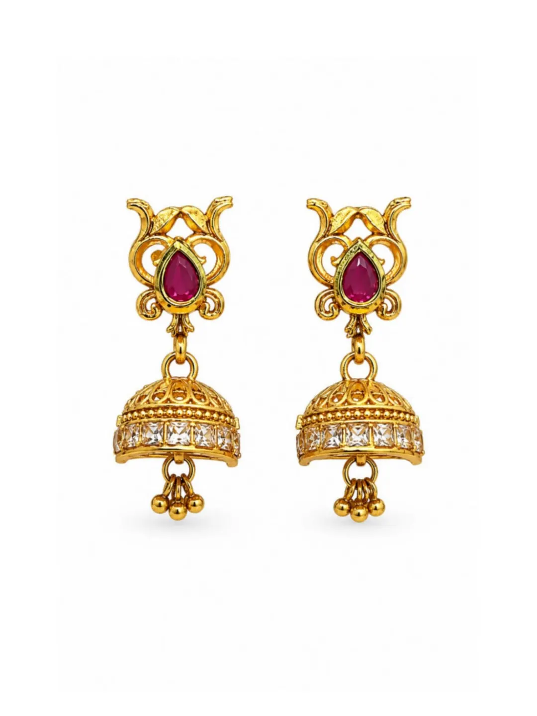 ANTIQUE GOLD RUBY FLORAL JHUM KA EARRINGS