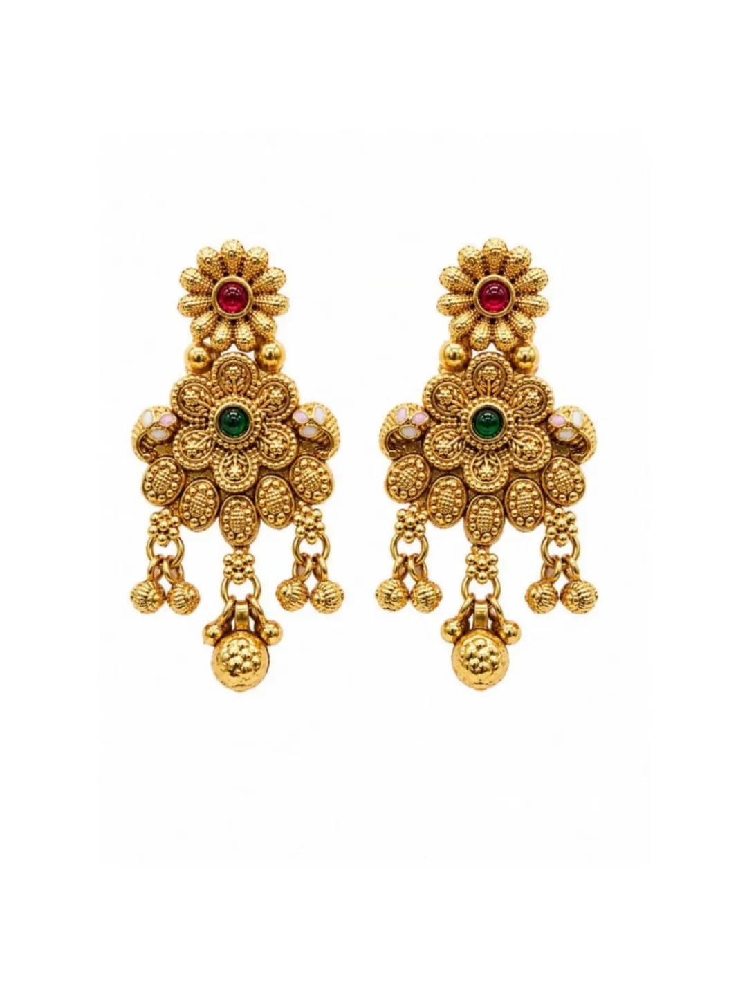ANTIQUE GOLD KUNDAN FLORAL CHANDELIER EARRINGS WITH RED & GREEN STONE AND PEARL DROPS
