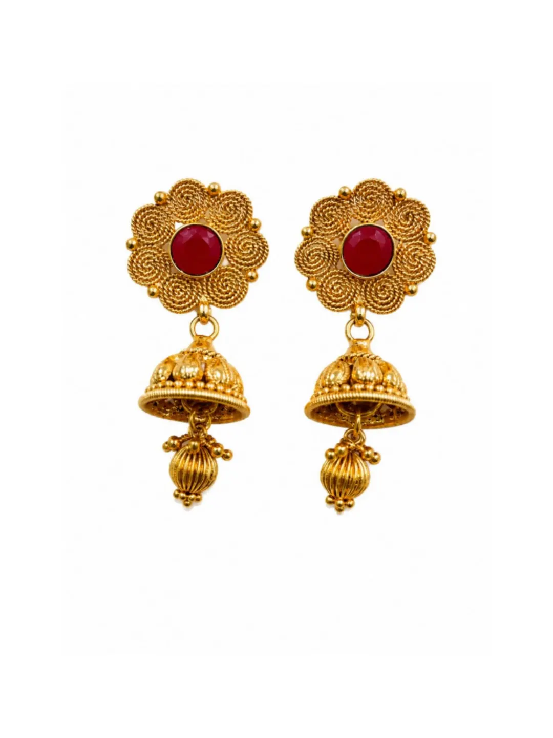 ELEGANT GOLD-TONE FLORAL RED STONE DROP EARRING