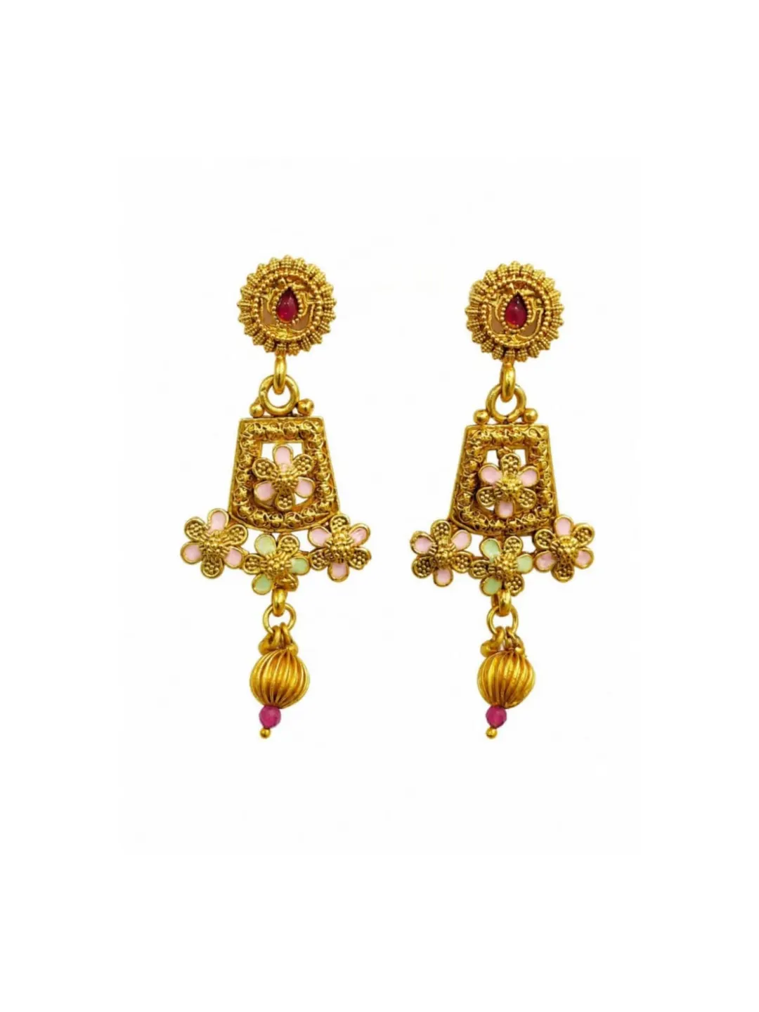 RUBY RED FLORAL KUNDAN JHUMKA EARRINGS WITH PEARL DROPS