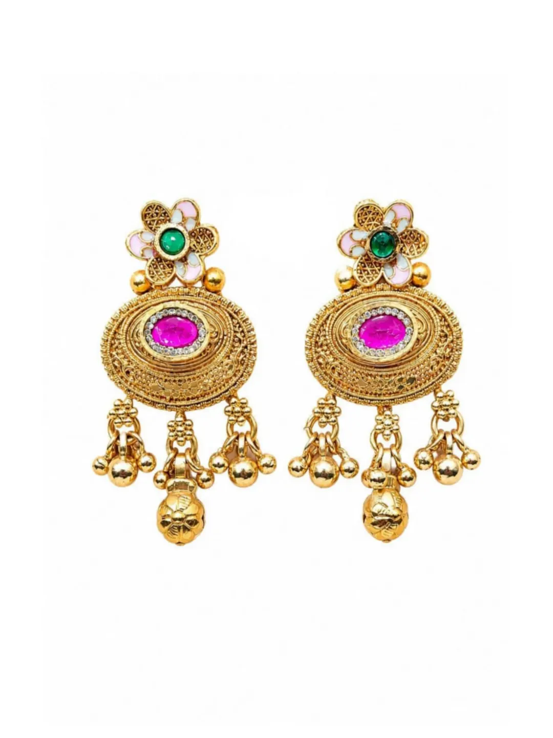 PINK & GREEN KUNDAN-INSPIRED LONG DROP EARRINGS.