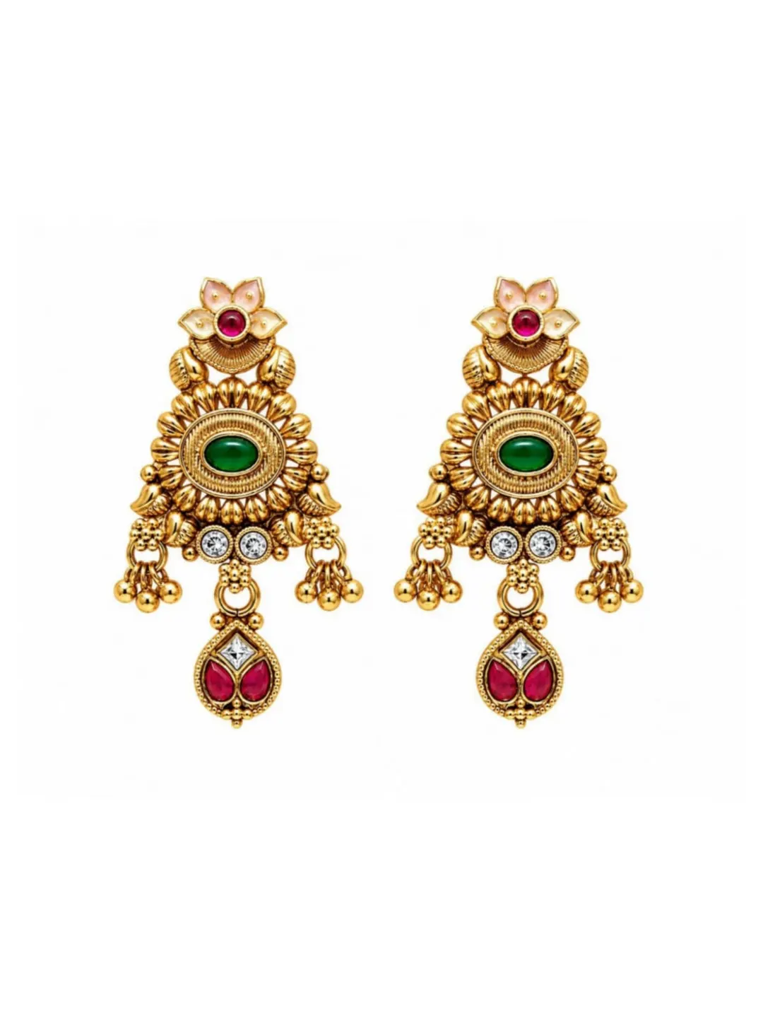 TRADITIONAL RUBY AND GREEN AND PINK STONE TEMPLE JHUMKA CHANDELIER EARRINGS