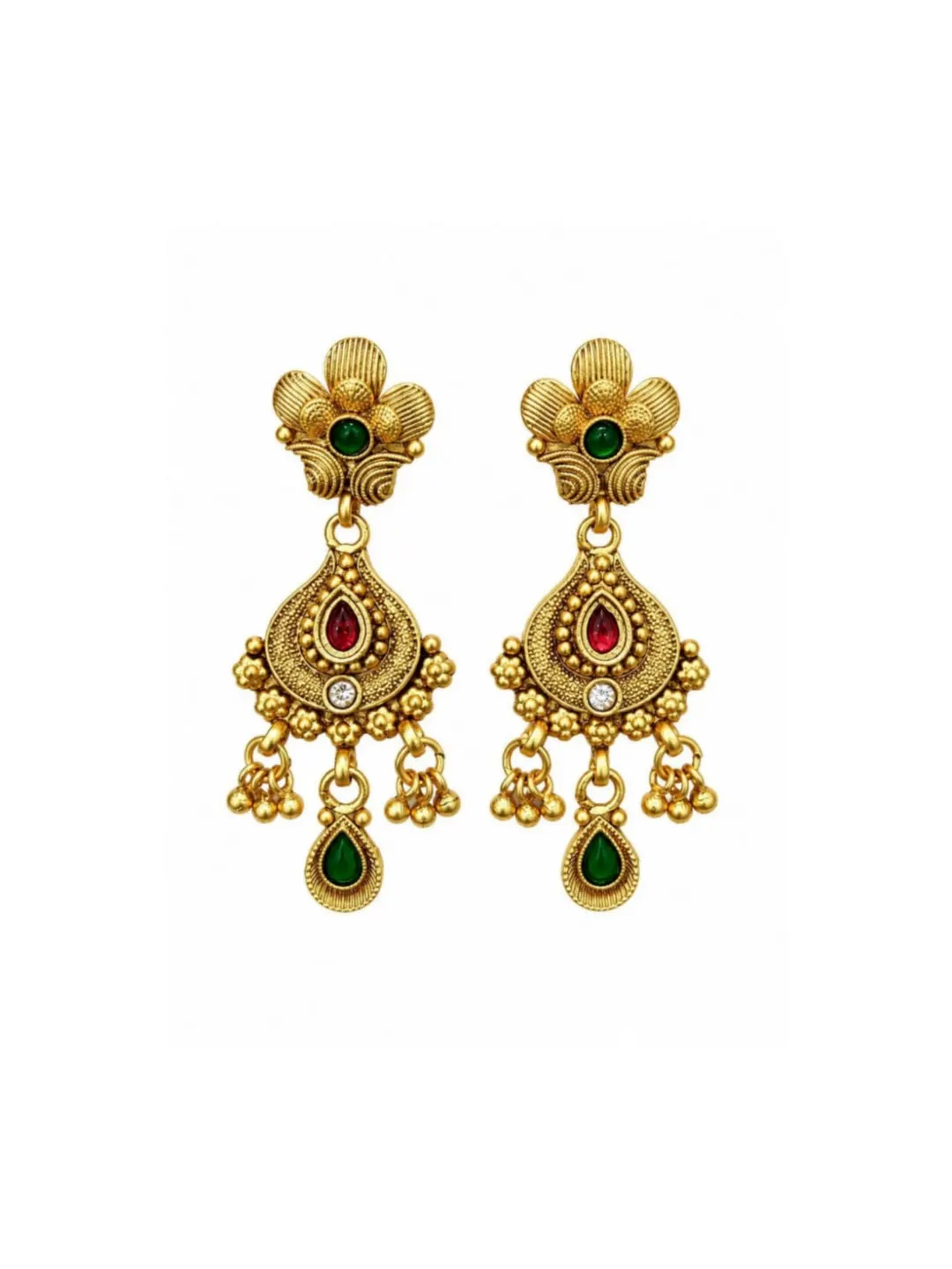 RED & GREEN STONE FLORAL JHUMKA