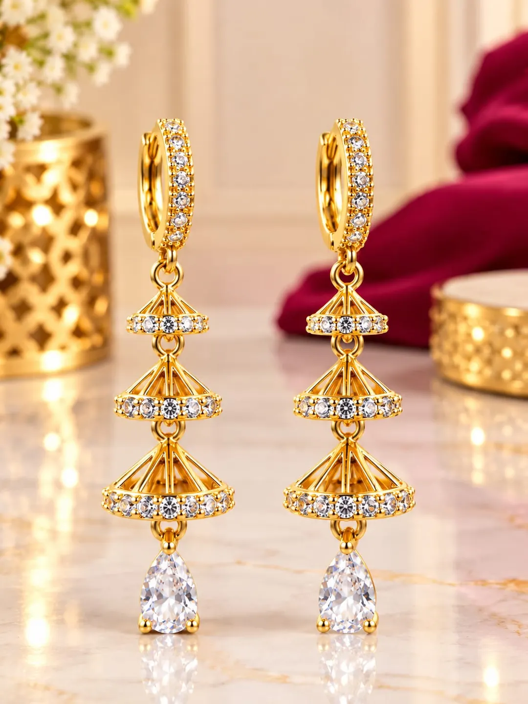 GOLD PLATED MULTI-TIER PYRAMID DANGLE EARRING
