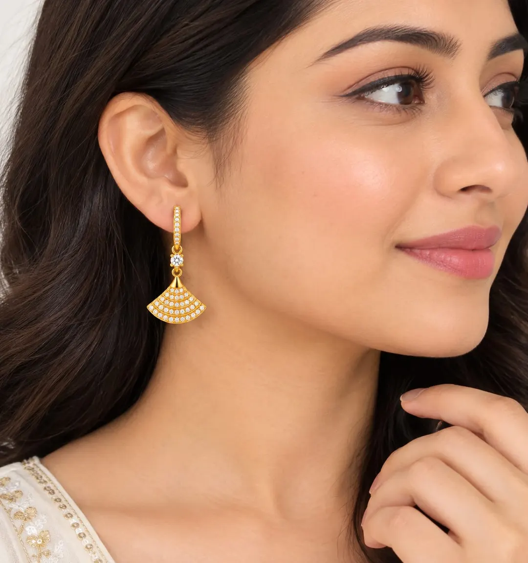 GOLD-PLATED CUBIC ZIRCONIA FAN-SHAPED HUGGIE DROP EARRING