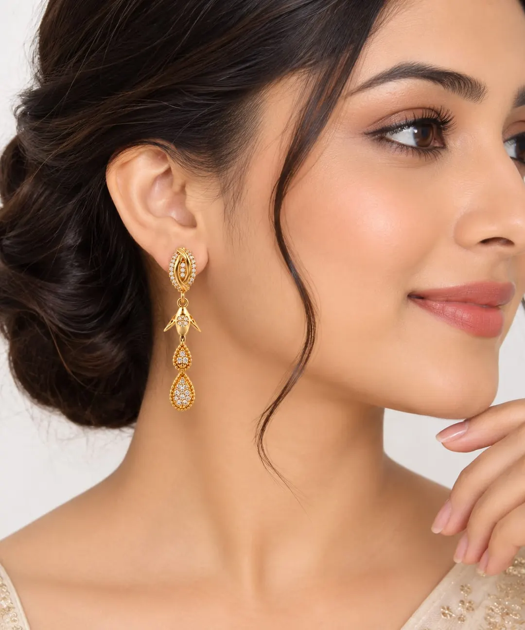 ELEGANT CZ DAIMOND FLORAL BUD & TEARDROP LONG DANGLE EARRING 
