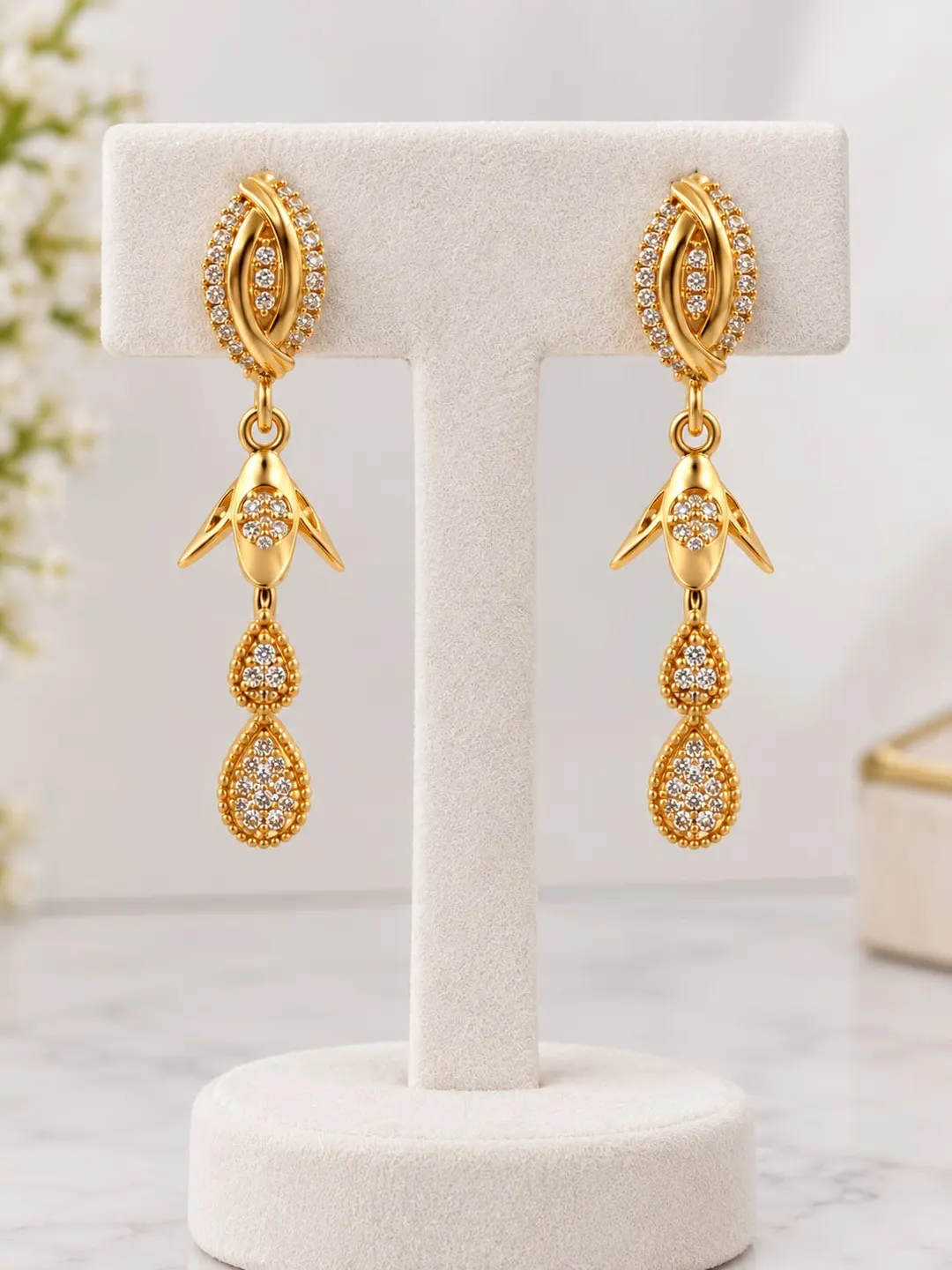 ELEGANT CZ DAIMOND FLORAL BUD & TEARDROP LONG DANGLE EARRING 