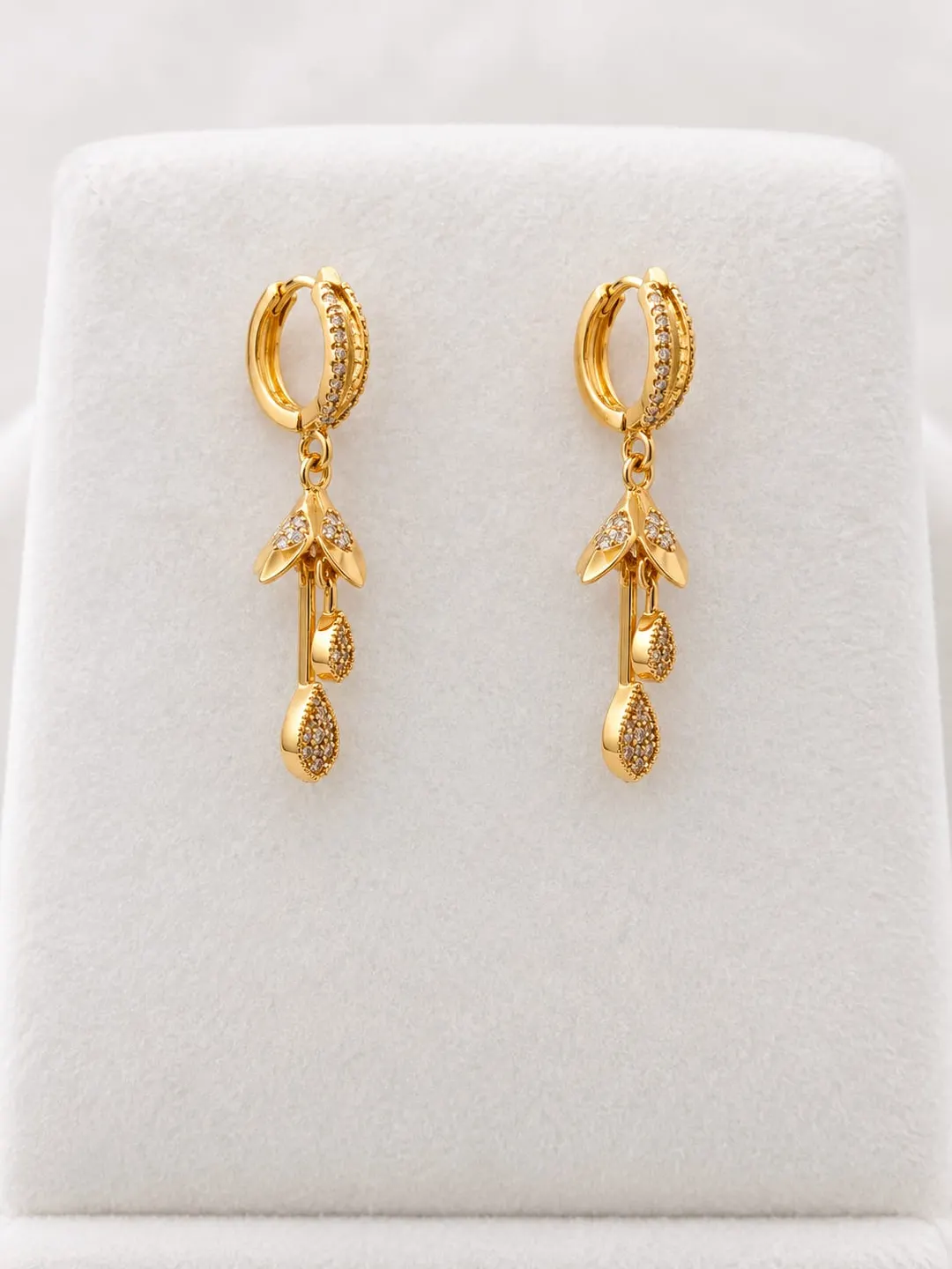 ELEGANT CZ DAIMOND FLORAL BUD & TEARDROP LONG DANGLE EARRING 