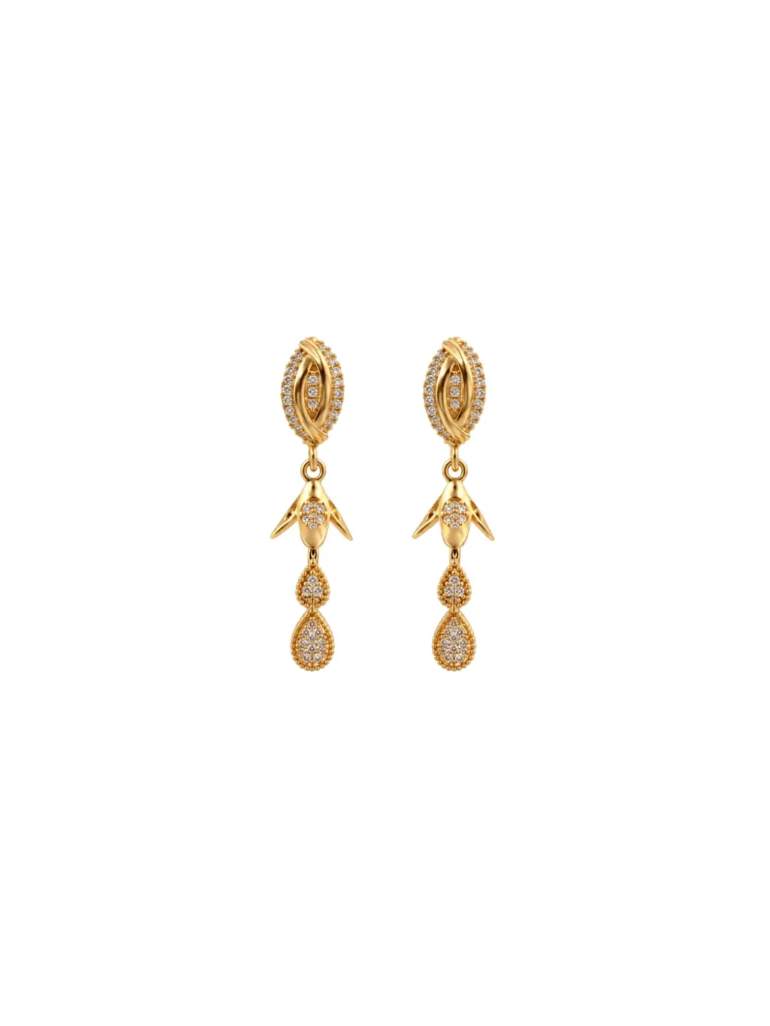 ELEGANT CZ DAIMOND FLORAL BUD & TEARDROP LONG DANGLE EARRING