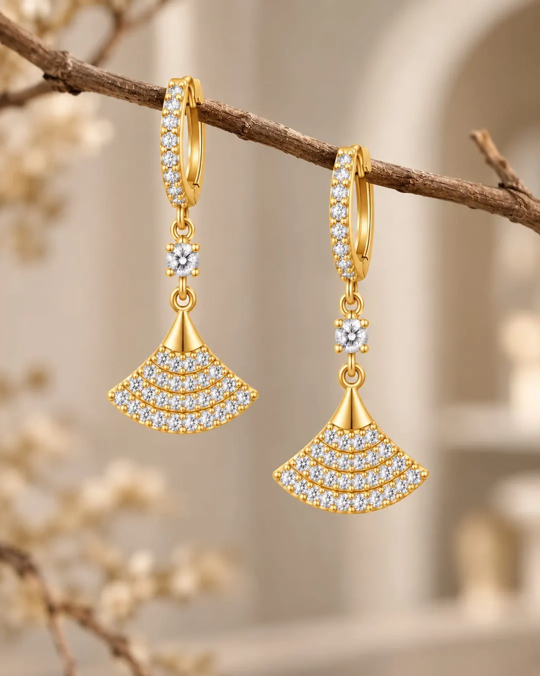 GOLD-PLATED CUBIC ZIRCONIA FAN-SHAPED HUGGIE DROP EARRING