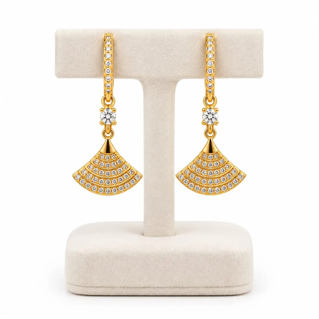 GOLD-PLATED CUBIC ZIRCONIA FAN-SHAPED HUGGIE DROP EARRING