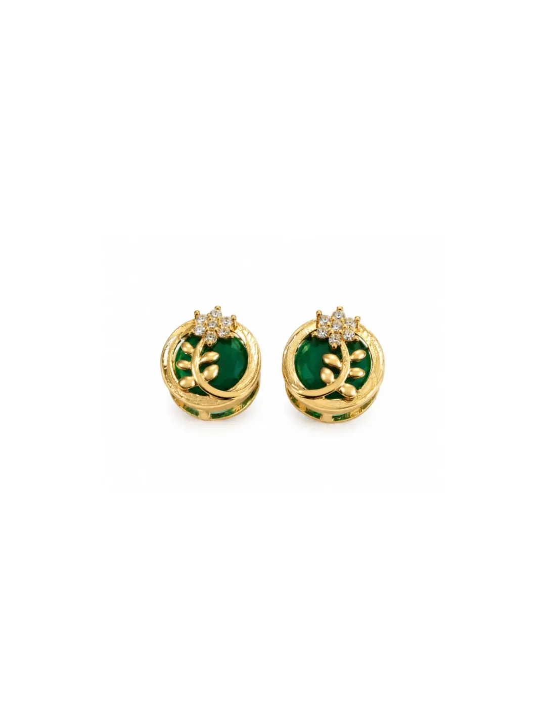 GOLD -PLATED EMERALD GREEN LEAF & FLOWER STUD EARRING