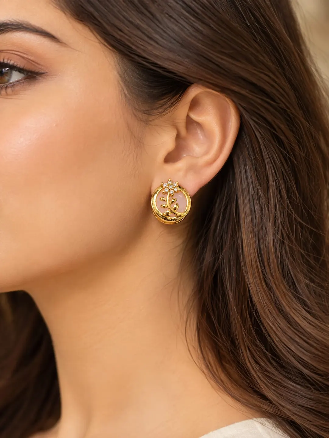 BABY PINK STONE GOLD PLATED  ROUND STUD EARRING 
