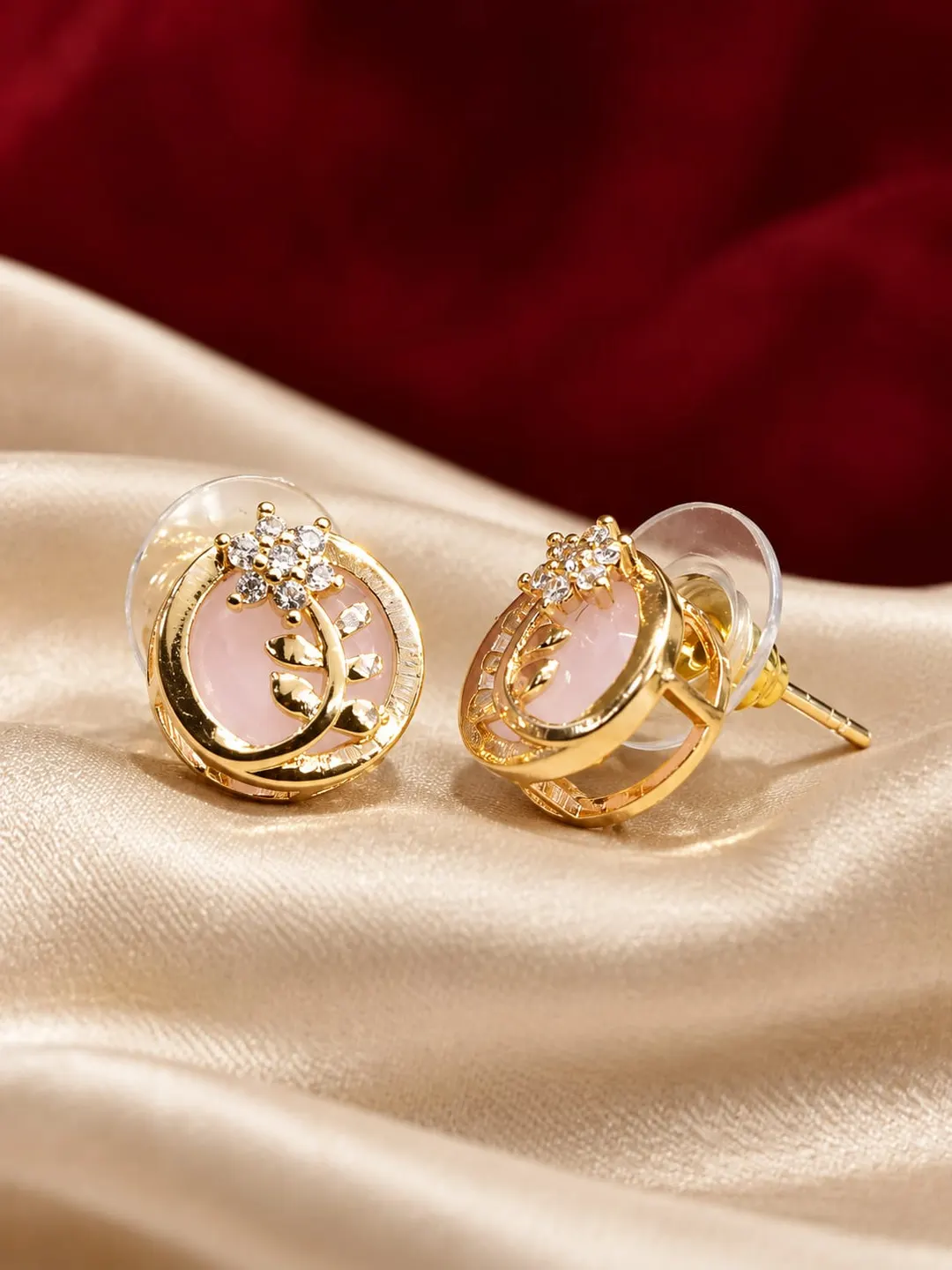 BABY PINK STONE GOLD PLATED  ROUND STUD EARRING 