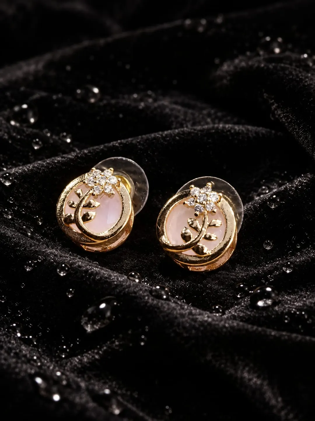 BABY PINK STONE GOLD PLATED  ROUND STUD EARRING 