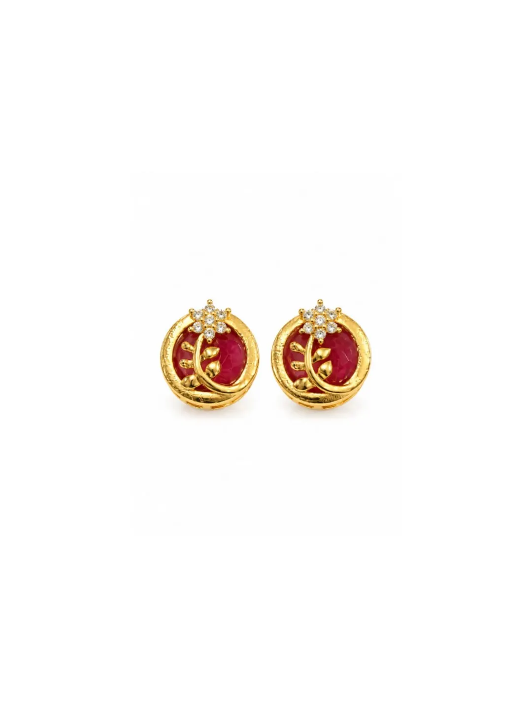 GOLD-PLATED ROUND STUD EARRING WITH SYNTHETIC RUBY GEMSTONE AND CZ LEAF EARRING