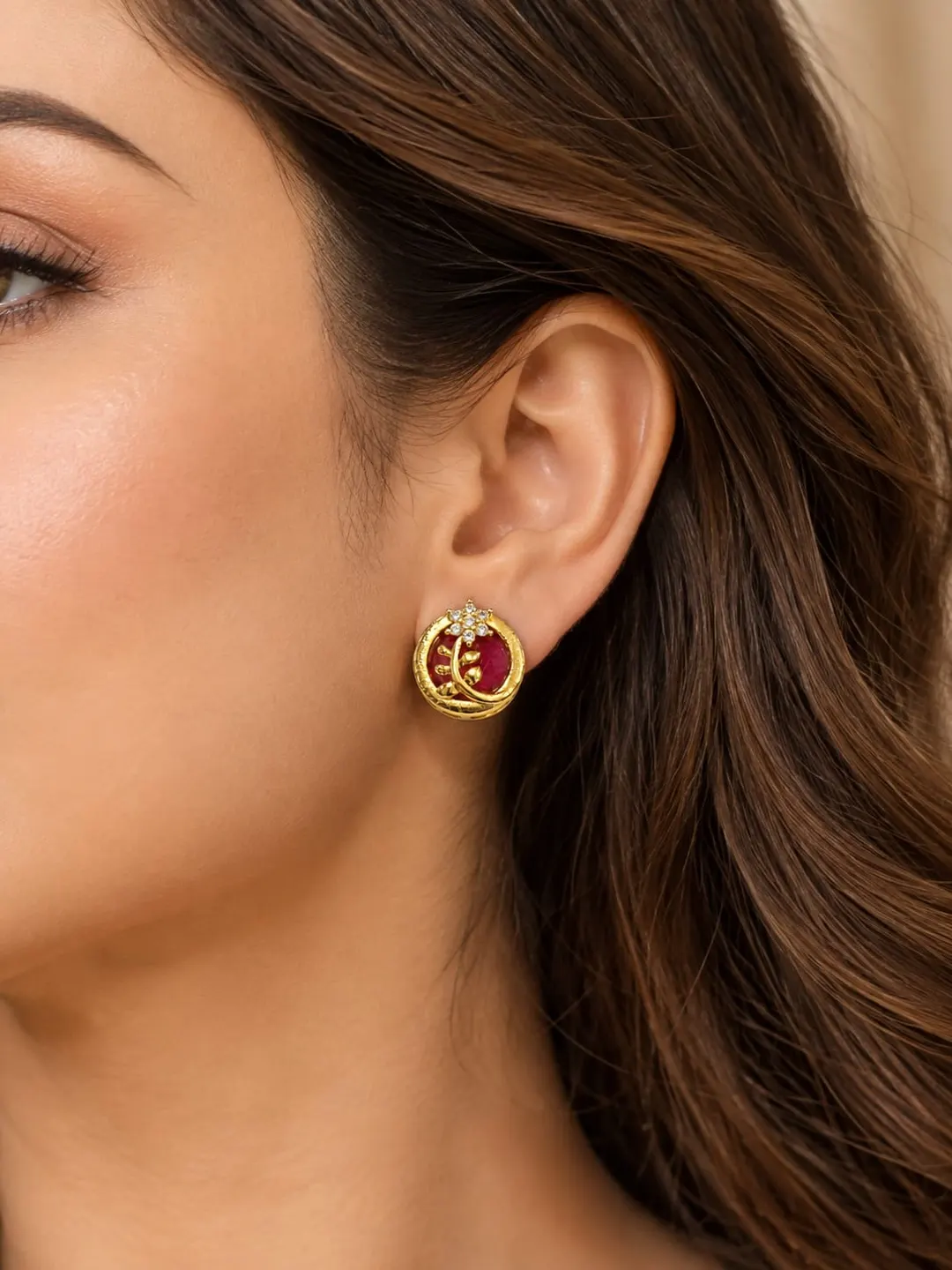 GOLD-PLATED ROUND STUD EARRING WITH SYNTHETIC RUBY GEMSTONE AND CZ LEAF EARRING  