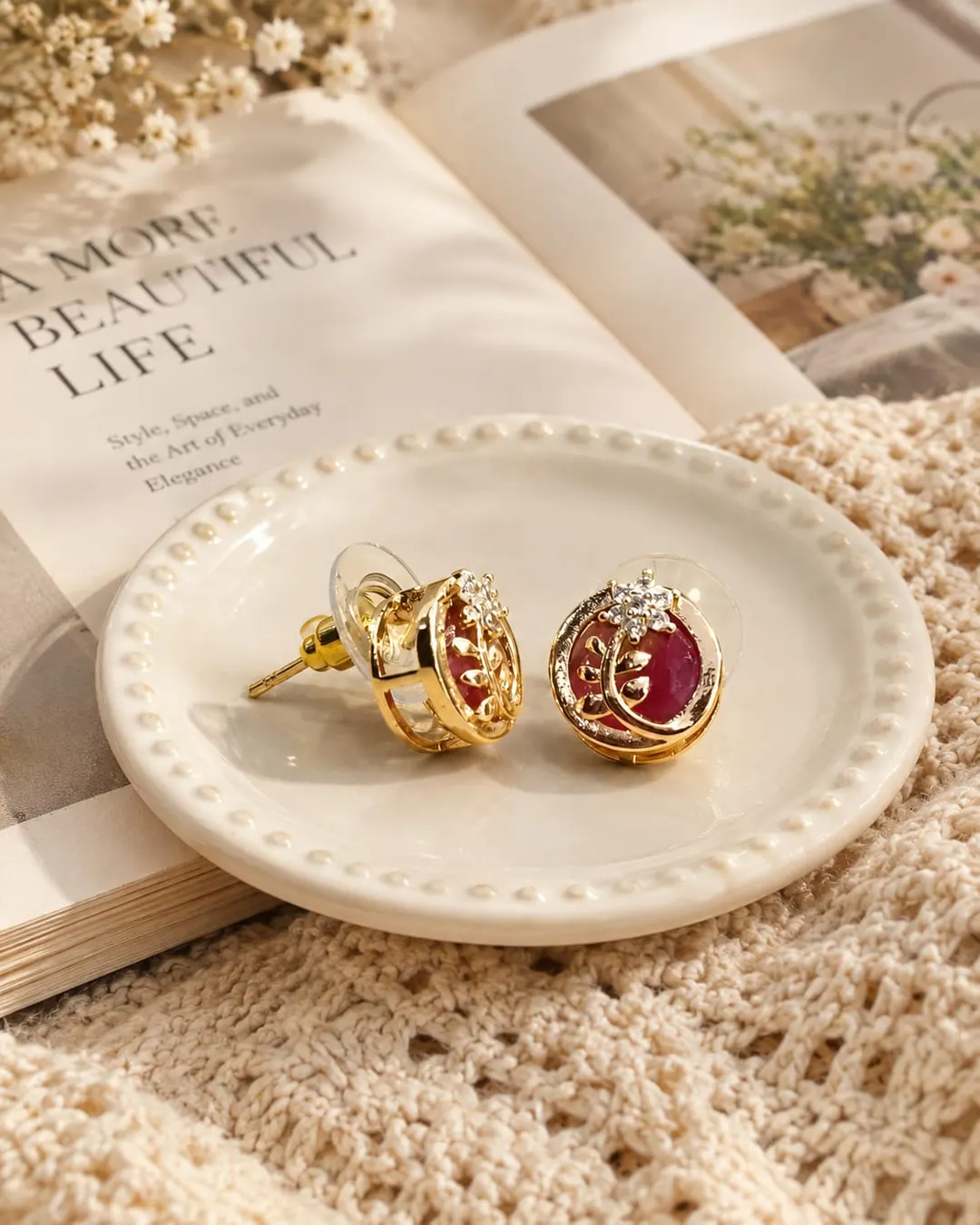 GOLD-PLATED ROUND STUD EARRING WITH SYNTHETIC RUBY GEMSTONE AND CZ LEAF EARRING  