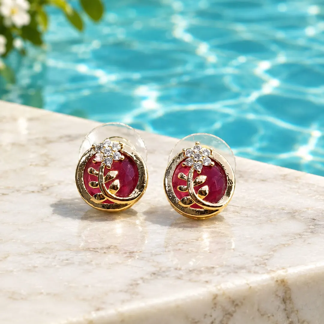 GOLD-PLATED ROUND STUD EARRING WITH SYNTHETIC RUBY GEMSTONE AND CZ LEAF EARRING  