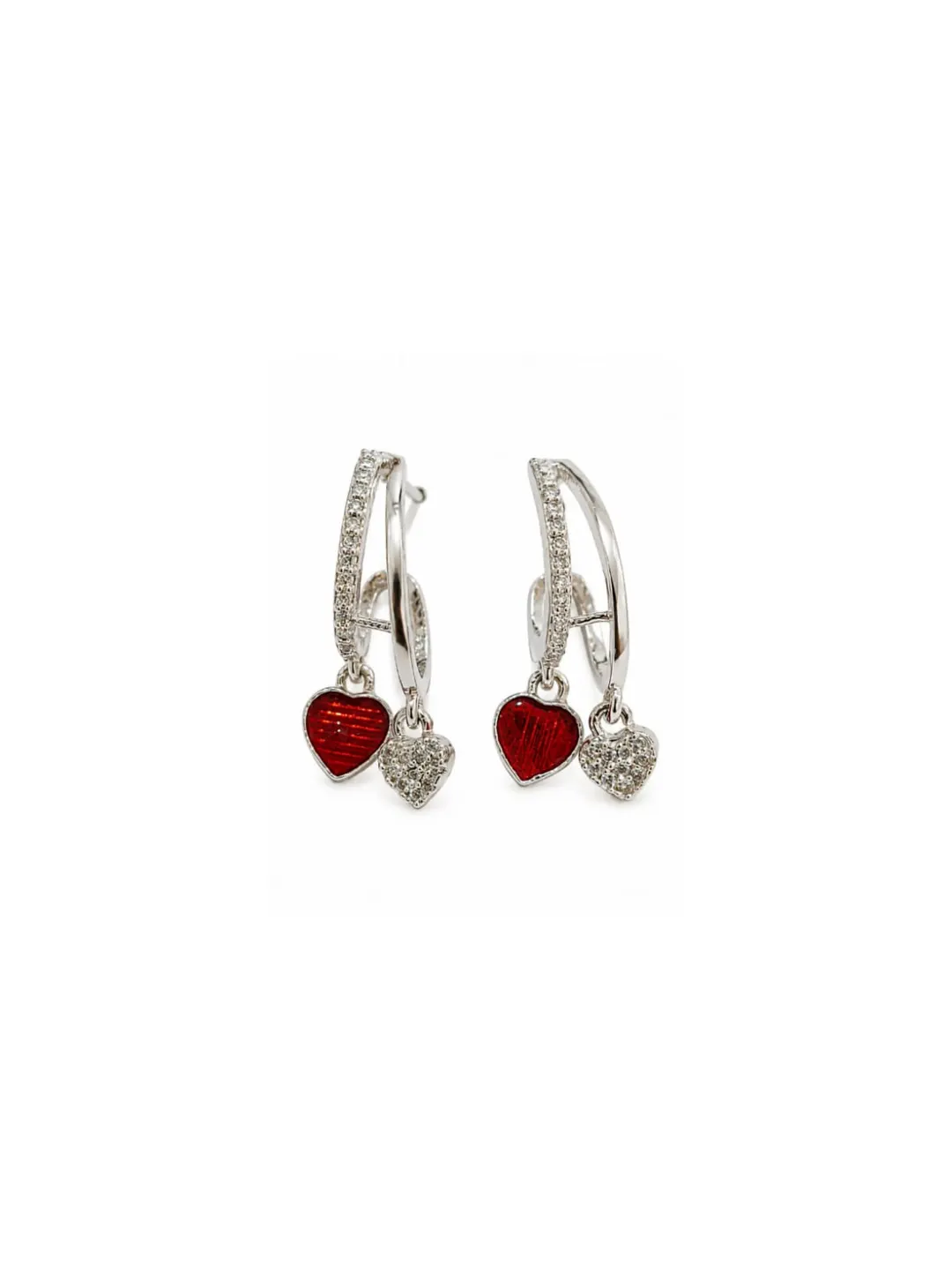 STERLING SILVER RED ENAMEL & CZ HEART CHARM DOUBLE HUGGIE HOOP EARRING