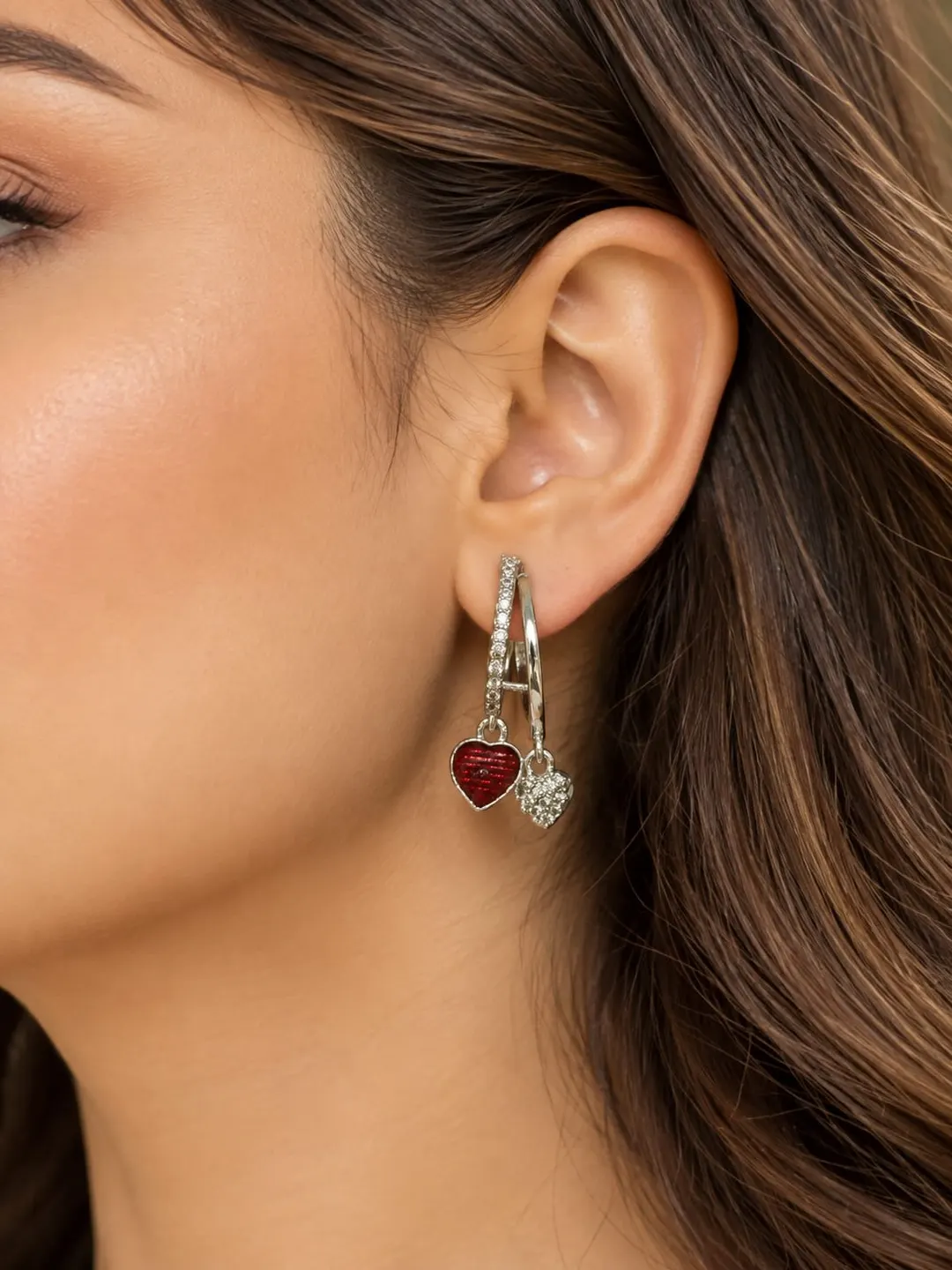 STERLING SILVER RED ENAMEL & CZ HEART CHARM DOUBLE HUGGIE HOOP EARRING