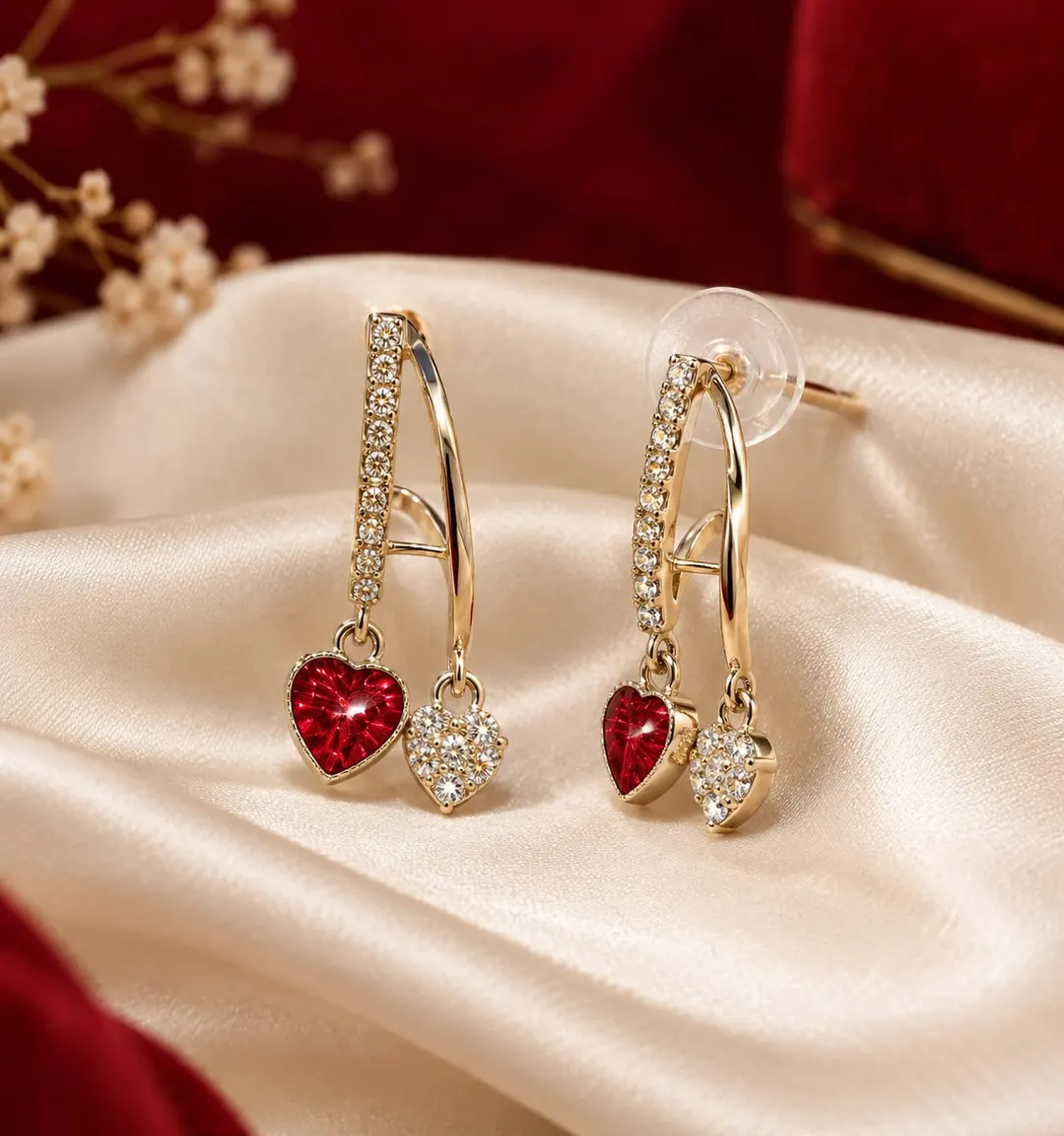 STERLING SILVER RED ENAMEL & CZ HEART CHARM DOUBLE HUGGIE HOOP EARRING