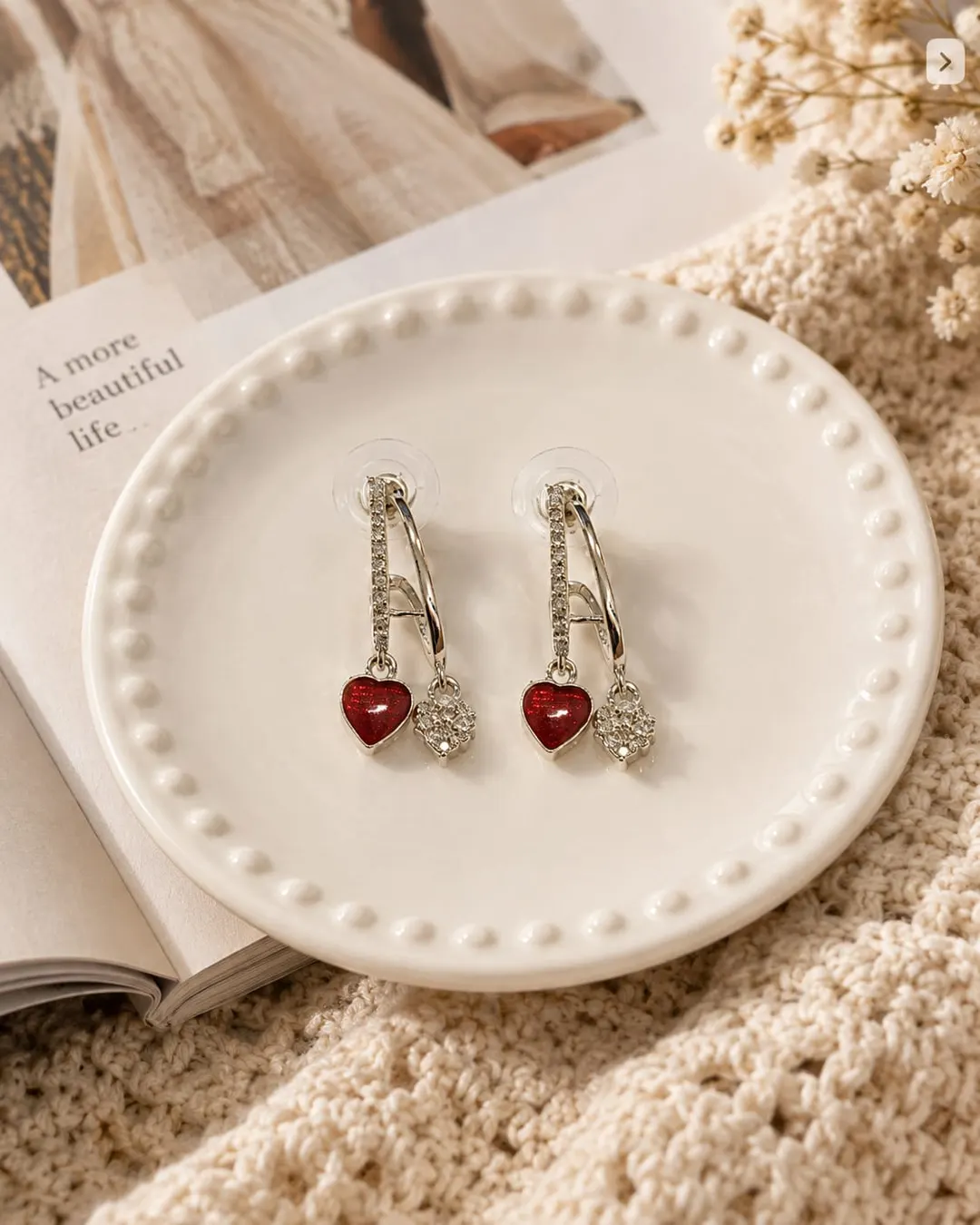STERLING SILVER RED ENAMEL & CZ HEART CHARM DOUBLE HUGGIE HOOP EARRING