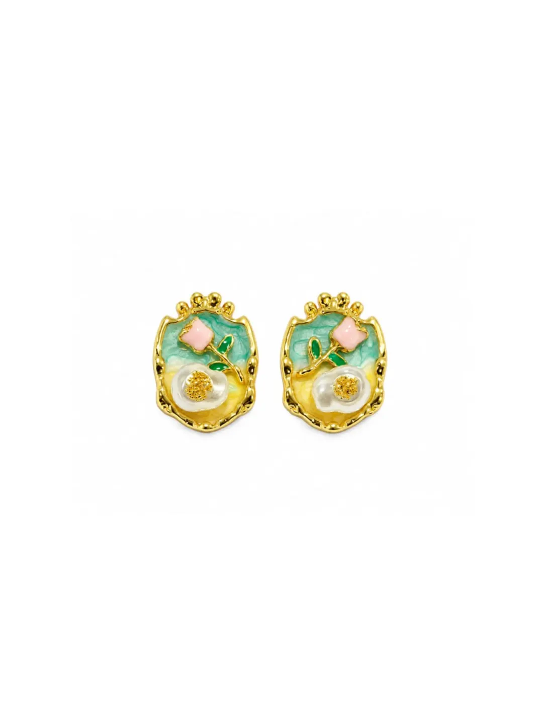 RETRO PASTEL ENAMEL FLOWER & PEARL SHIELD STUD EARRING- GOLD PLATED