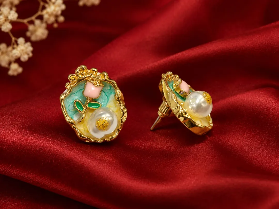 RETRO PASTEL ENAMEL FLOWER & PEARL SHIELD STUD EARRING- GOLD PLATED