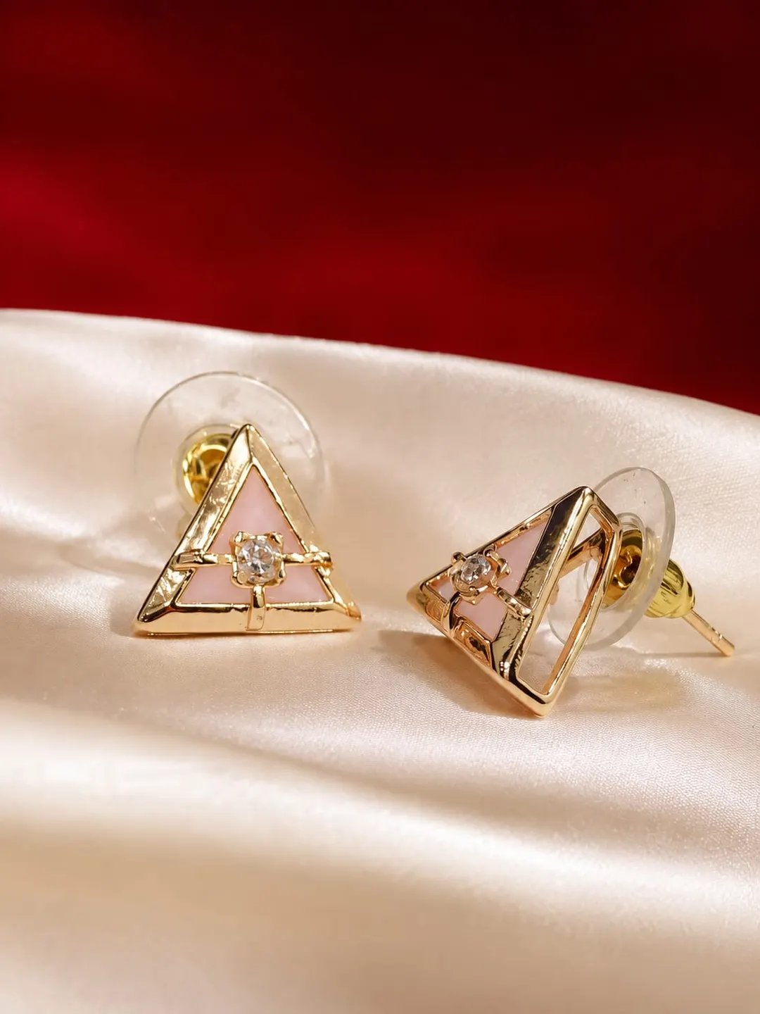 GOLD-PALTED PINK ENAMEL TRIANGLE STUD EARRING 