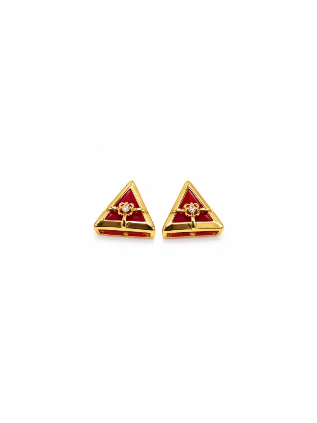 TRIANGULAR RUBY RED ENAMEL STUD EARRING
