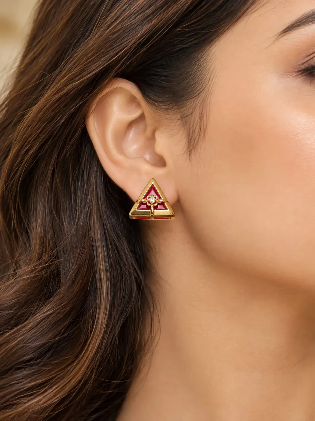 TRIANGULAR RUBY RED ENAMEL STUD EARRING