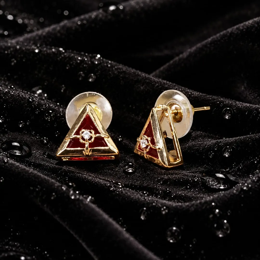 TRIANGULAR RUBY RED ENAMEL STUD EARRING