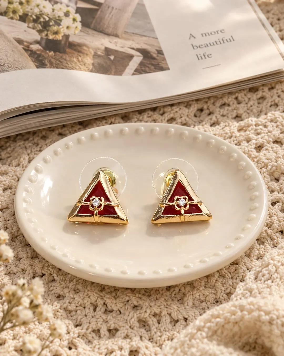 TRIANGULAR RUBY RED ENAMEL STUD EARRING