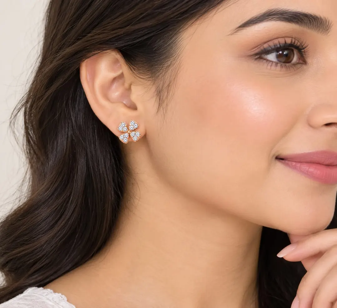 ROSE GOLD MICRO-PAVE CUBIC ZIRCONIA FOUR-PETAL FLOWER STUD EARRING
