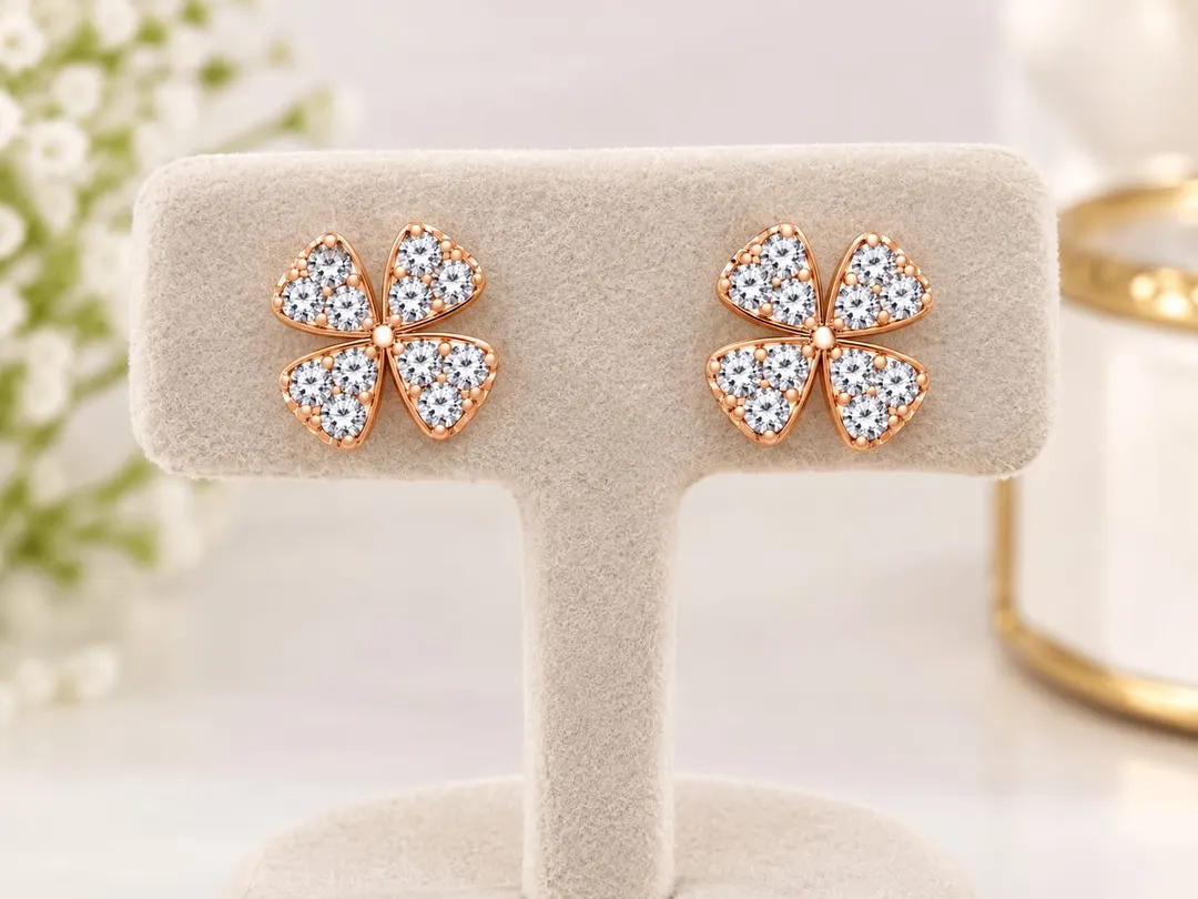 ROSE GOLD MICRO-PAVE CUBIC ZIRCONIA FOUR-PETAL FLOWER STUD EARRING