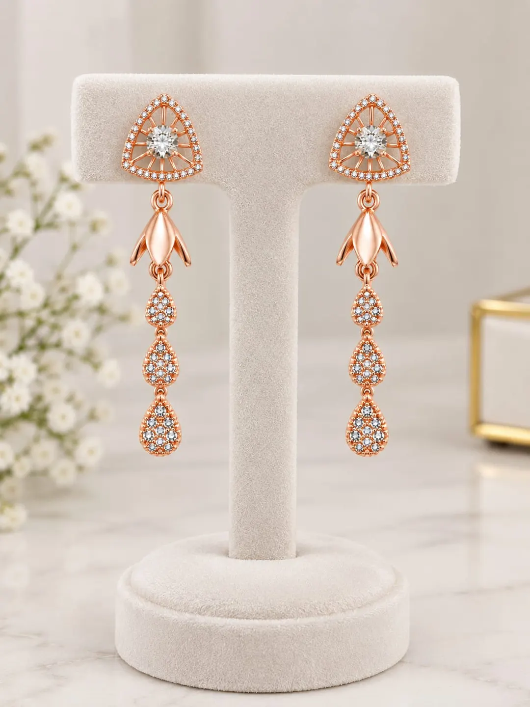 ROSE GOLD OPENWORK TRAINGLE DANGLE EARRINGS