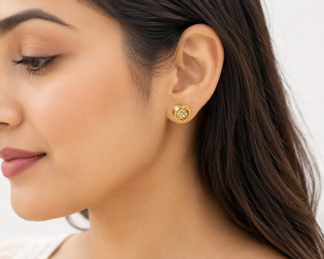TEXTURED DOUBLE HEART PAVE CRYSTAL ZIRCON STUD  EARRING