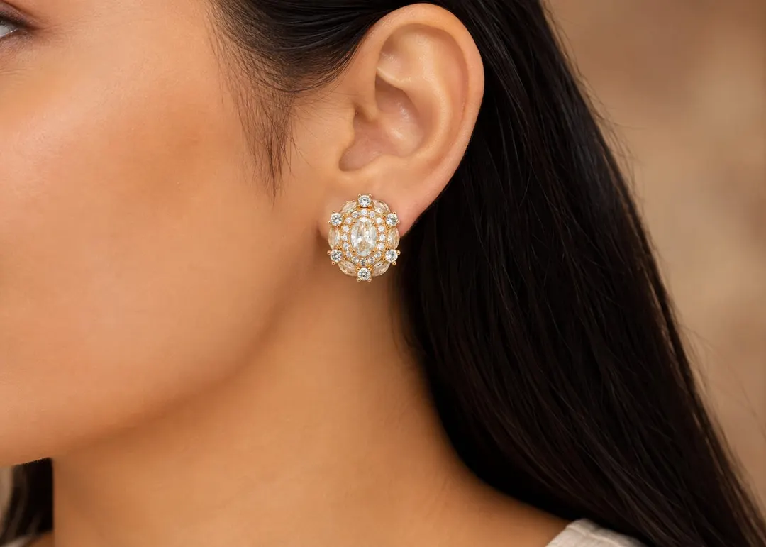 GOLD-PLATED OVAL STONE HALO STUD EARRINGS