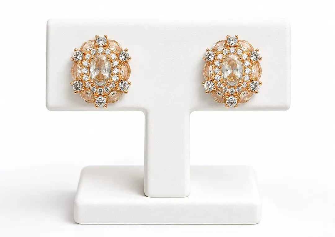 GOLD-PLATED OVAL STONE HALO STUD EARRINGS