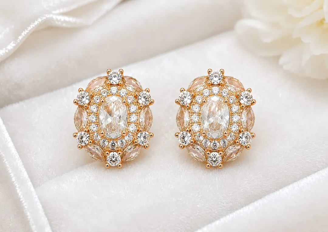 GOLD-PLATED OVAL STONE HALO STUD EARRINGS