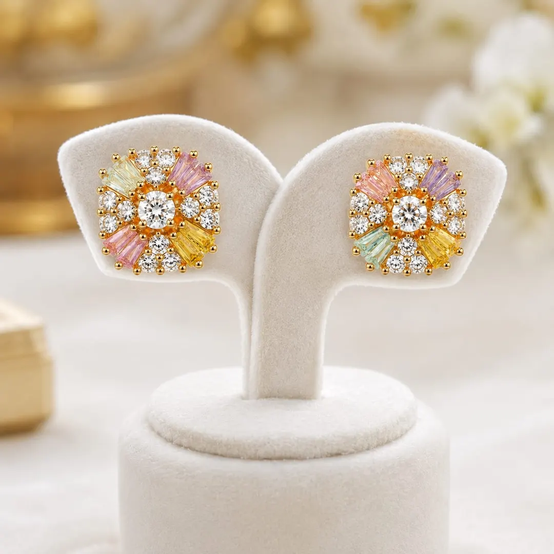 MULTICOLOR RADIANT FLORAL CZ STUD EARRINGS