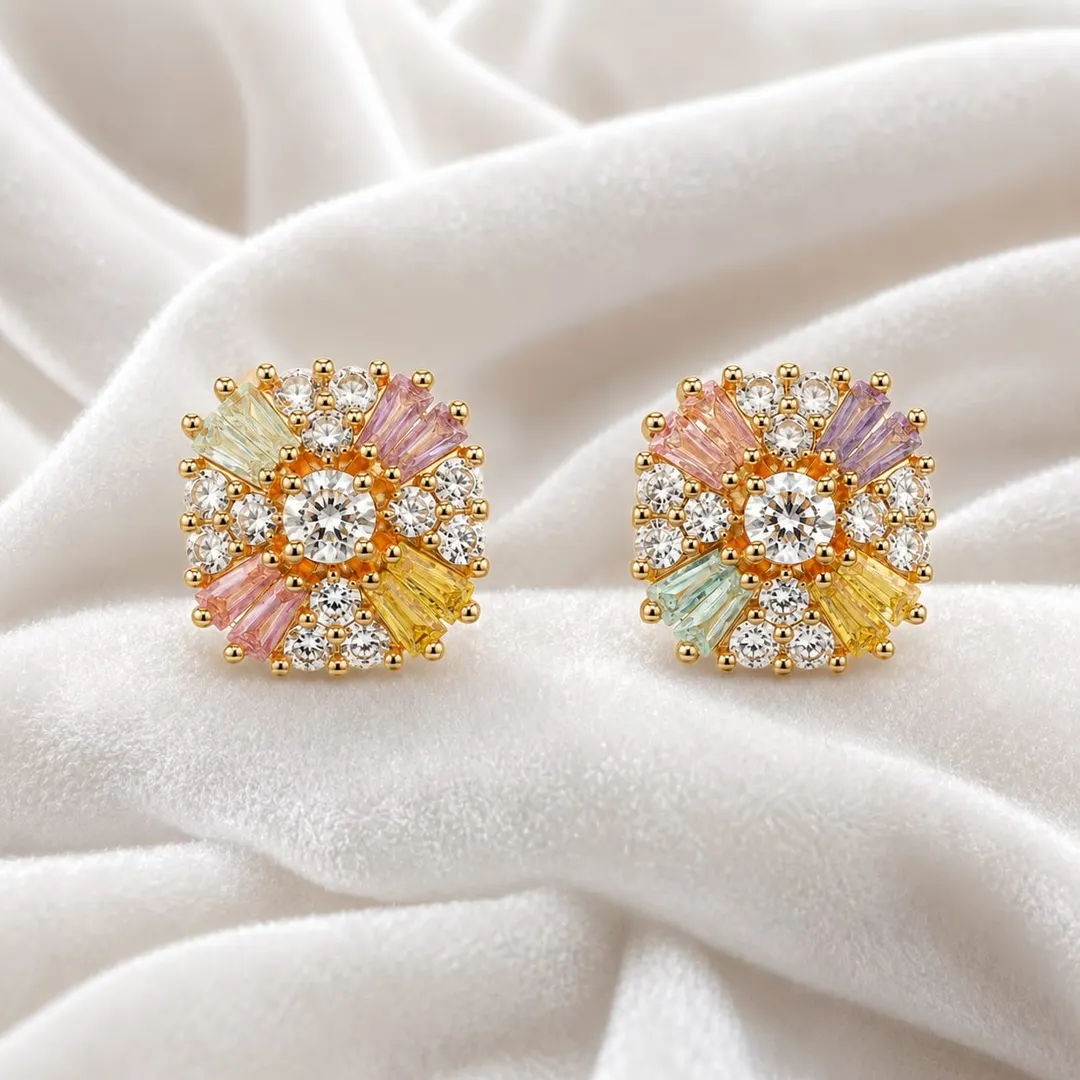 MULTICOLOR RADIANT FLORAL CZ STUD EARRINGS
