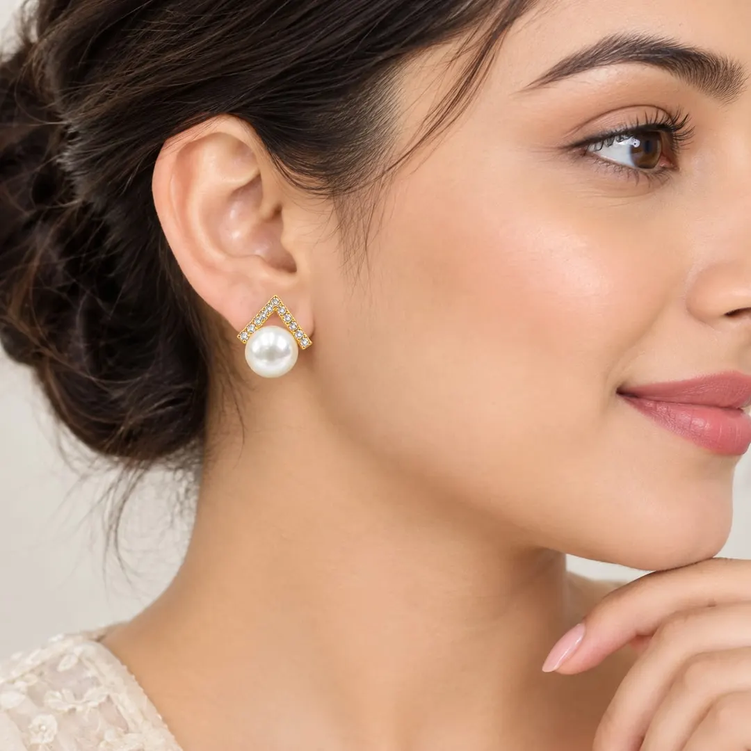 ELEGANT V-SHAPE PEARL STUD EARRING