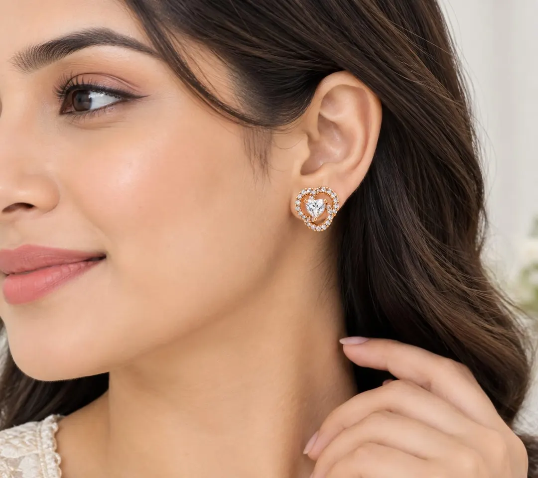 ROSE GOLD HEART CZ STUD EARRINGS