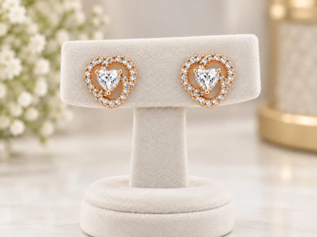 ROSE GOLD HEART CZ STUD EARRINGS