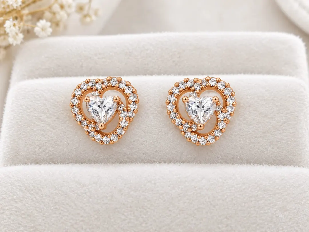 ROSE GOLD HEART CZ STUD EARRINGS